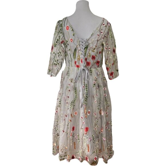 TS Couture Dress 14 Light Grey Embroidered Organza Floral Gown Evening Lace Up - Picture 5 of 13